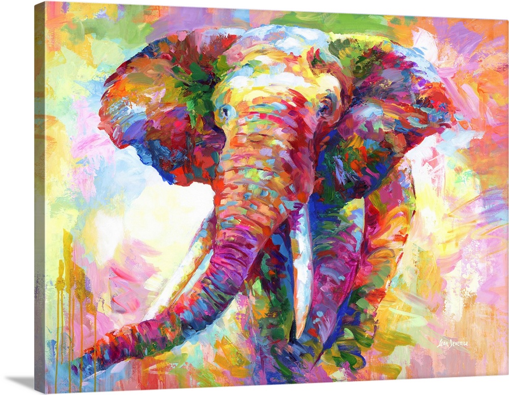 Contemporary painting of a vibrant and colorful elephant.