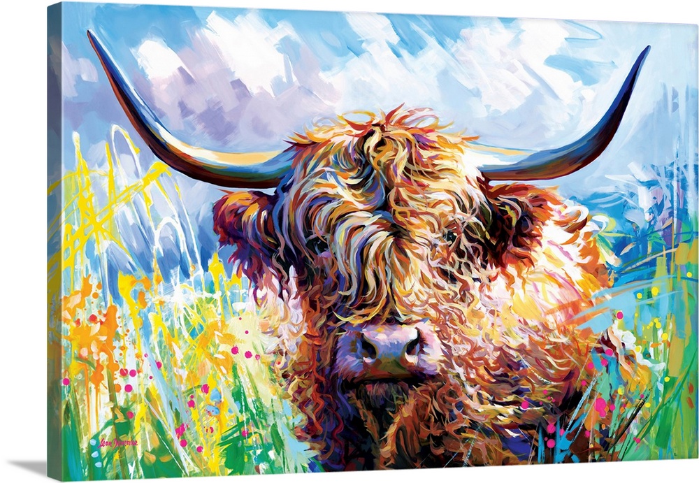 A colorful artwork of a highland cow with large horns and a shaggy coat, set against a bright, lively background.