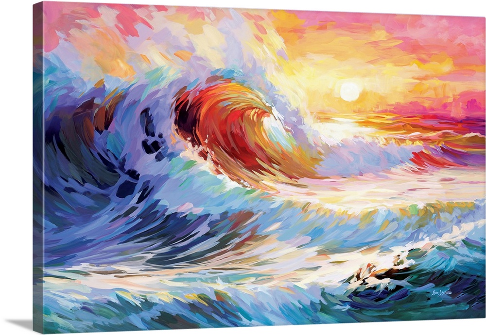 A dynamic artwork of ocean waves crashing with vibrant colors, set against a glowing sunset sky, capturing the power and b...