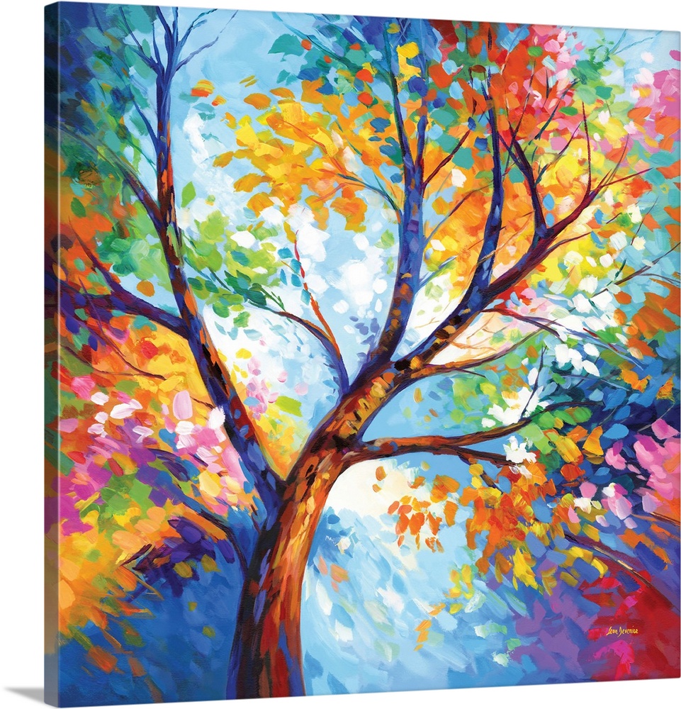 A contemporary artwork of a tree with colorful leaves, bursting with vibrant hues and energy, symbolizing joy and the beau...