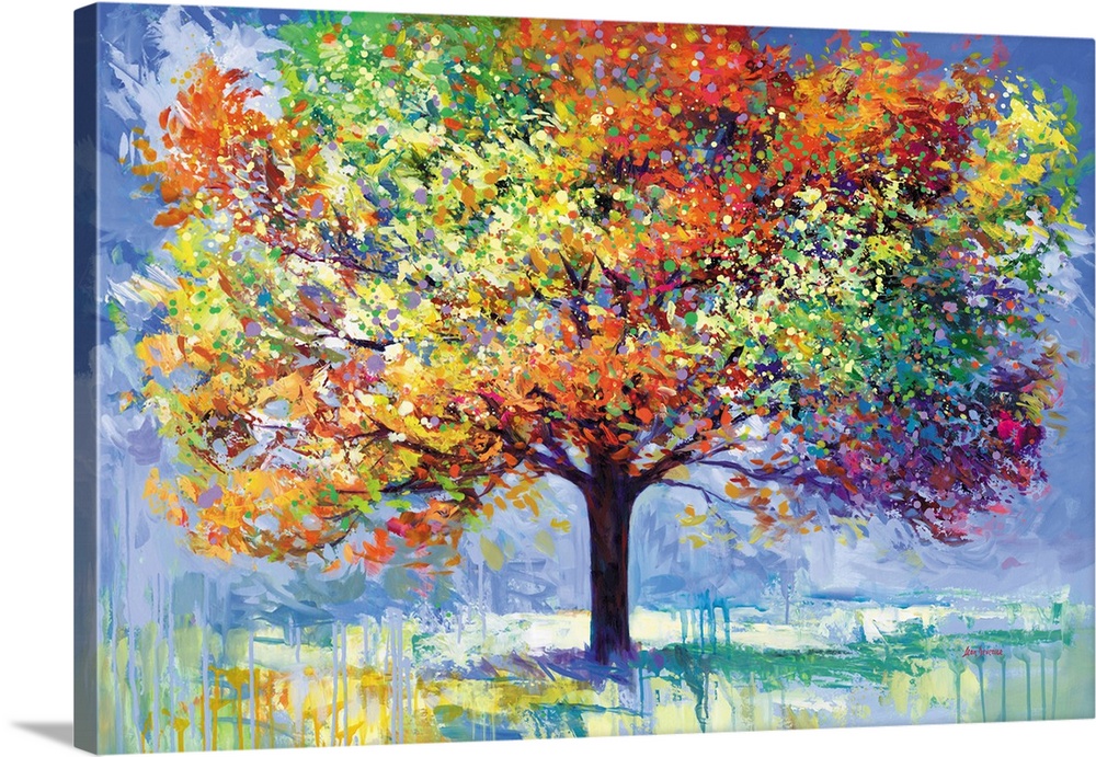 A majestic tree stands in full glory, its canopy exploding with vibrant reds, oranges, yellows, greens, and violets each l...