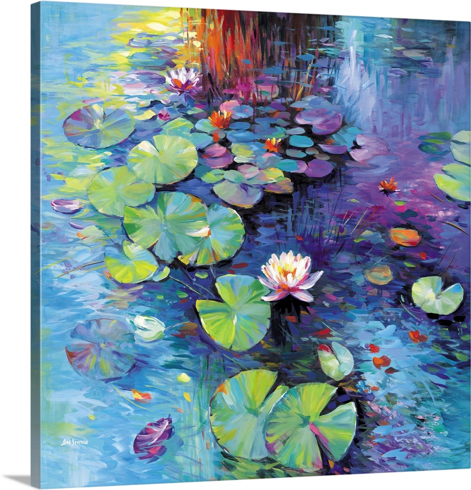 A vibrant landscape of a lily-covered pond unfolds in rich shades of green, pink, violet, and blue. Water lilies bloom acr...