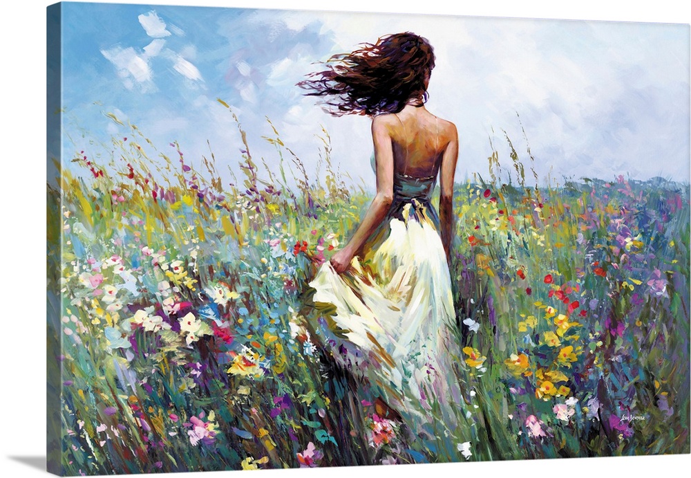 A woman walks through a sunlit field of wildflowers, her dress catching the breeze as she moves gently through waves of co...
