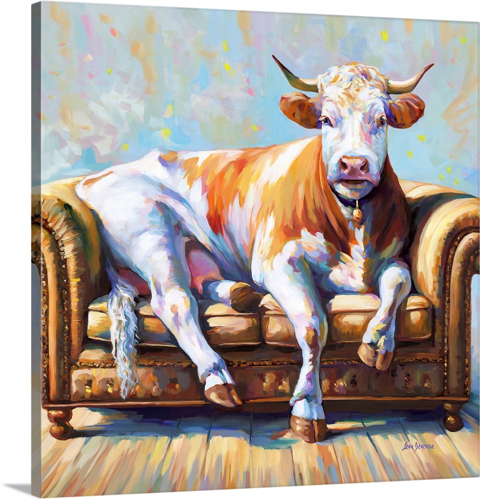 Whimsical artwork of a cow lounging on a sofa.