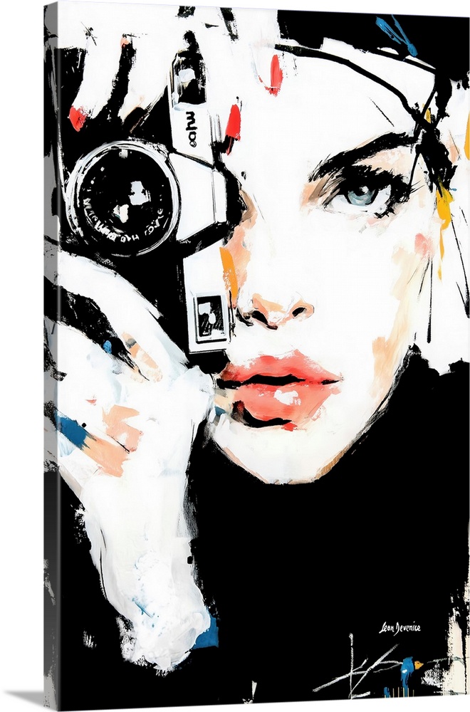 A striking portrait of a fashion model holding a vintage camera, with captivating eyes and vibrant red lips that draw imme...
