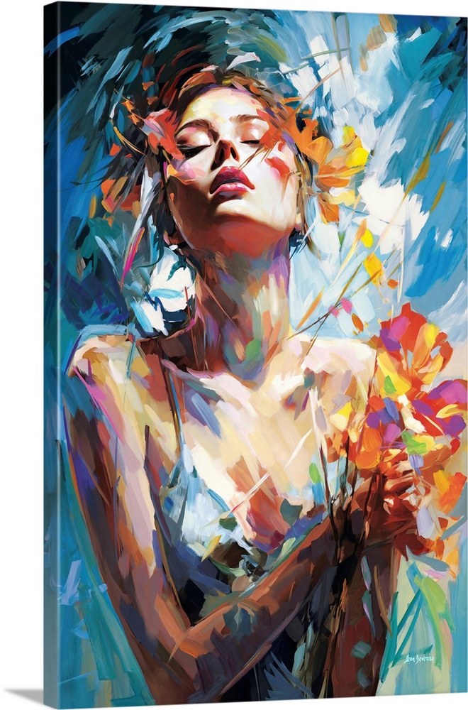 Abstract portrait of a woman with eyes closed, embracing vibrant flowers as bold brushstrokes of color swirl around her.