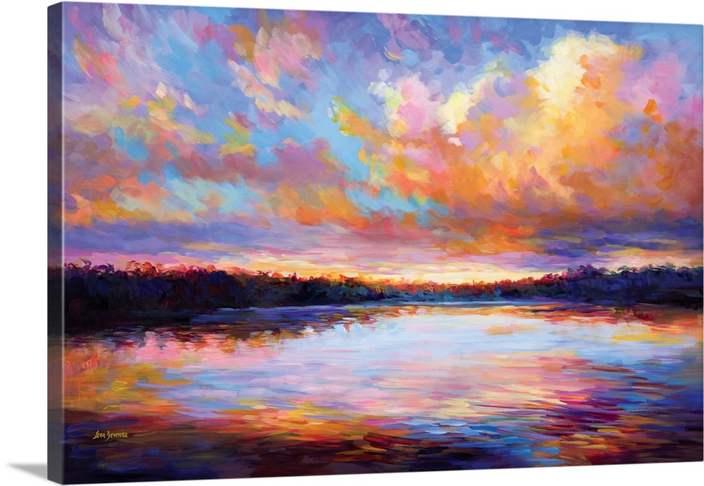 A breathtaking sunset stretches across the sky, with clouds glowing in brilliant shades of pink, orange, and gold. The col...