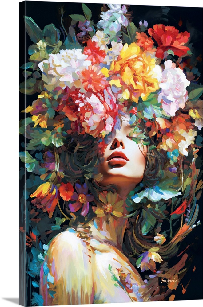 A woman enveloped in a lush array of vividly colored flowers, blending her form with nature in a dreamlike expression.