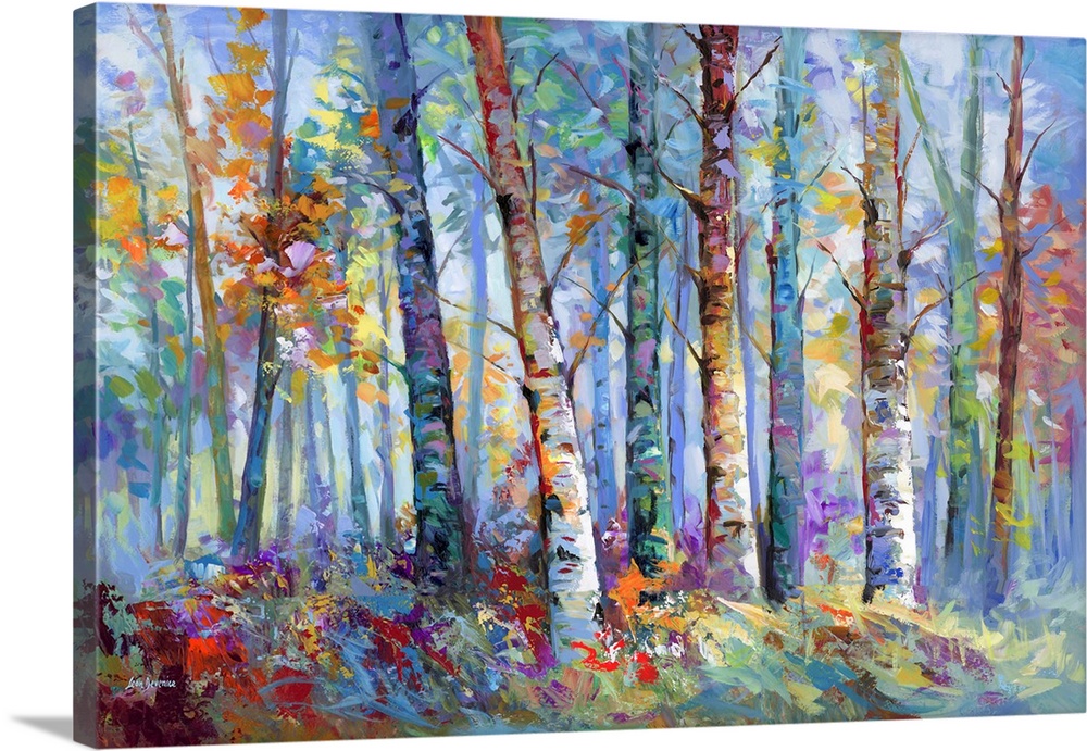 A forest of birch trees rises through a burst of autumn color, their trunks standing tall against a soft, glowing backgrou...