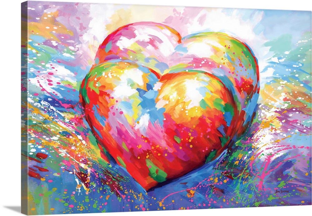 A bold and colorful abstract artwork of two hearts, with splashes of vibrant colors and dynamic brushstrokes, symbolizing ...