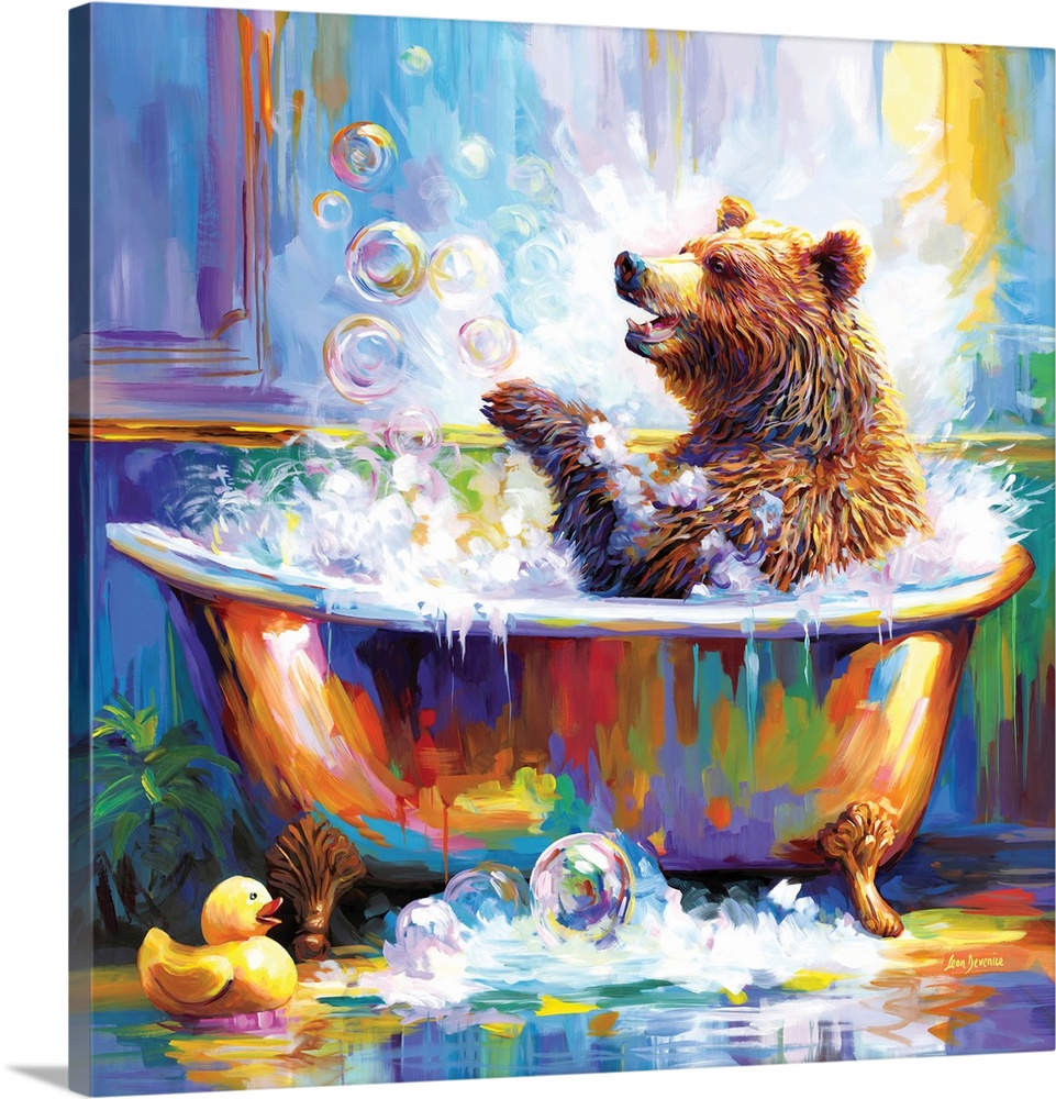 A cheerful artwork of a bear splashing in a bubble-filled bathtub, surrounded by colorful bubbles and a rubber duck.