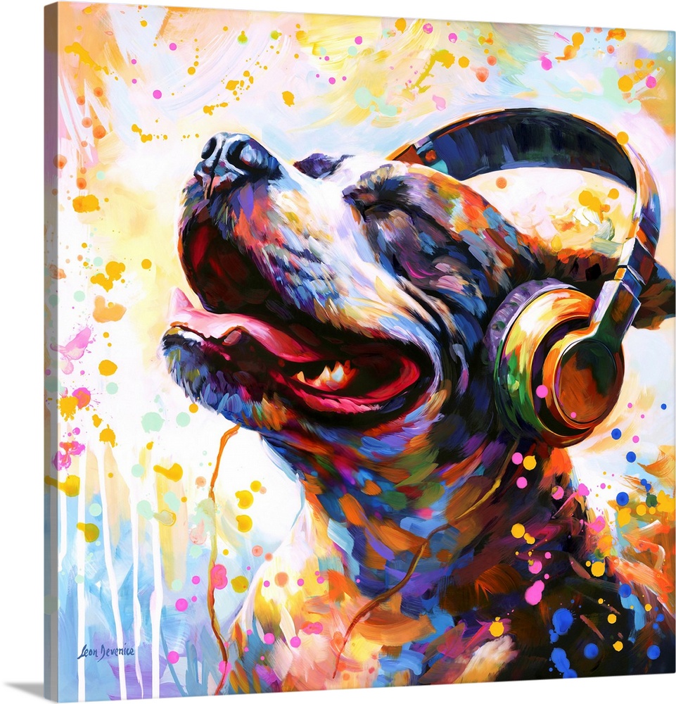This lively artwork features a colorful dog enjoying music with headphones, set against a vibrant backdrop of colorful spl...