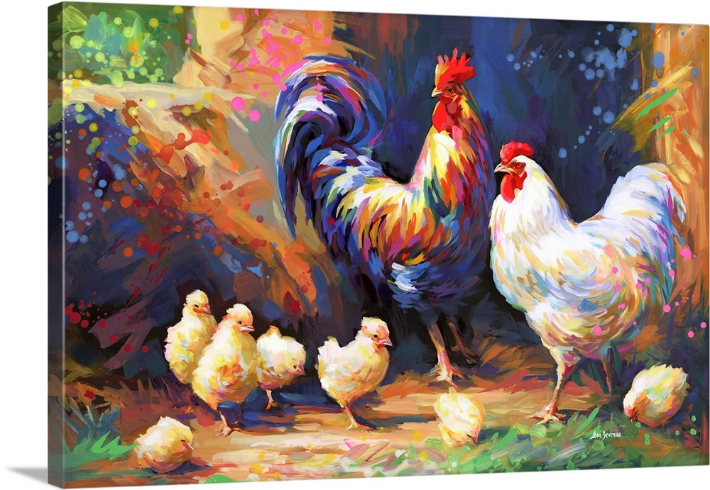 This contemporary impressionistic artwork vividly portrays a farmyard scene, capturing a colorful rooster, hen, and their ...