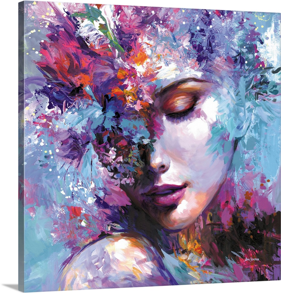 Abstract portrait of a woman with closed eyes, her face softly blending into a whirlwind of floral color and texture. Shad...