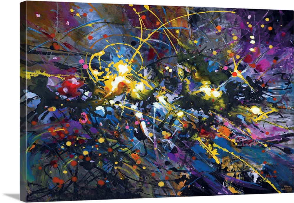 An explosion of energy bursts across the canvas with bold streaks of yellow, splashes of red, and swirling blues and purpl...