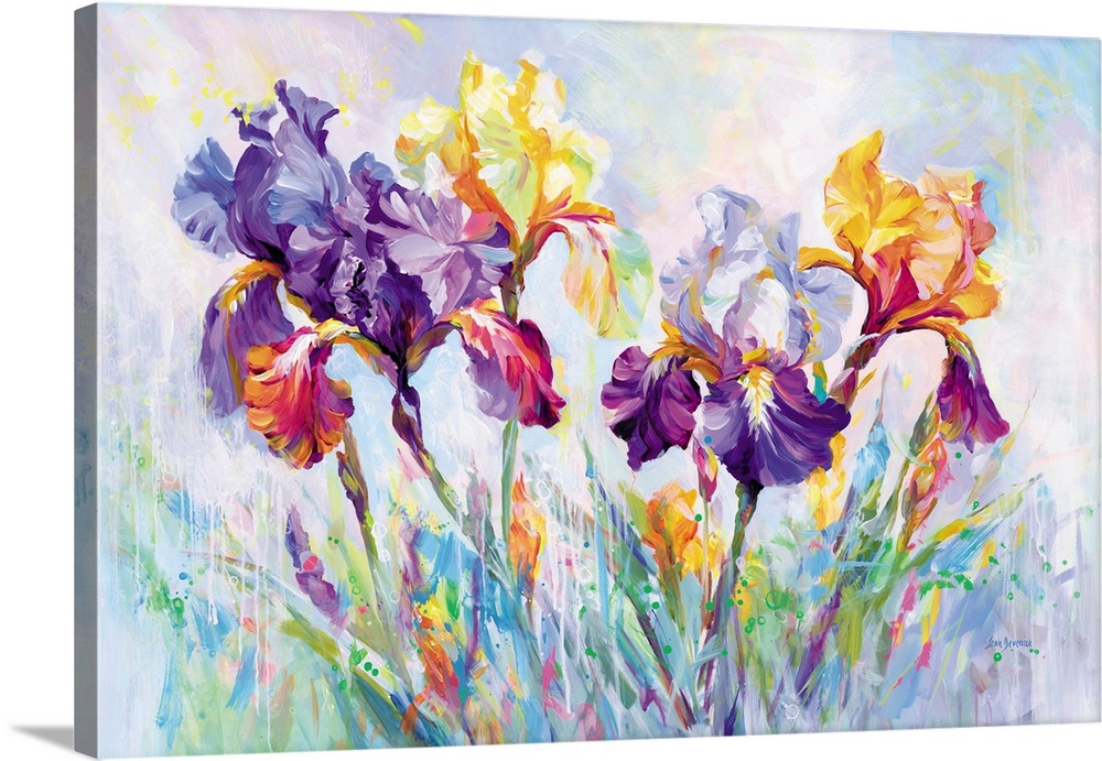 A vibrant display of irises in full bloom, their petals unfolding in shades of purple, yellow, and soft lavender. The flow...
