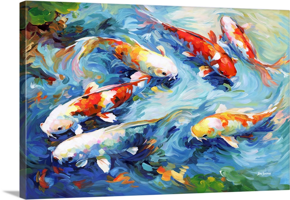 This contemporary artwork beautifully captures a group of colorful koi fish gracefully gliding through water, with vibrant...