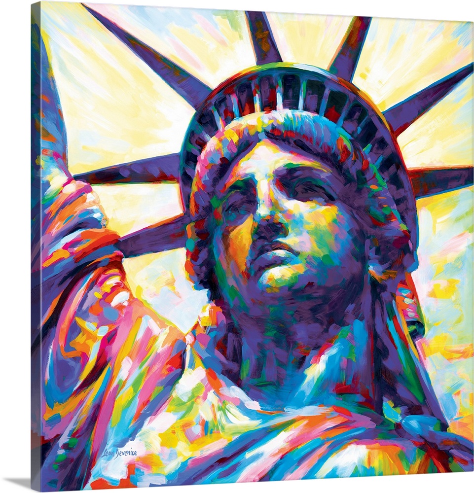 Vibrant and colorful close-up portrait painting of the Statue of Liberty in New York City.