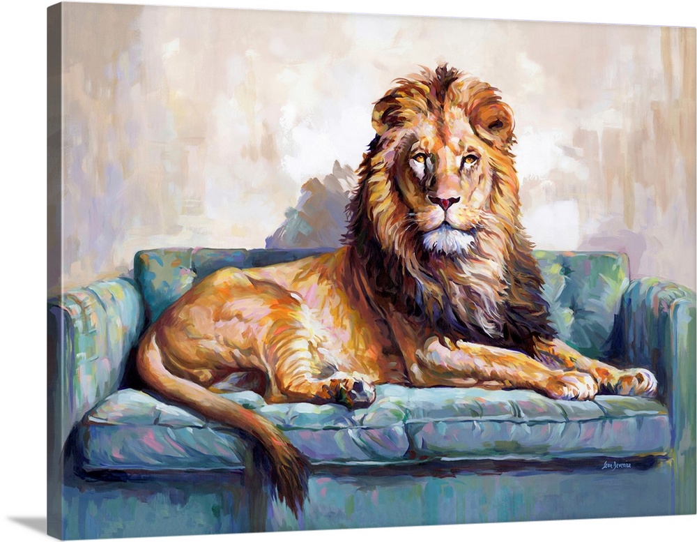 A lion lounges confidently on a teal couch, his calm stare radiating quiet strength and authority. The contrast between wi...