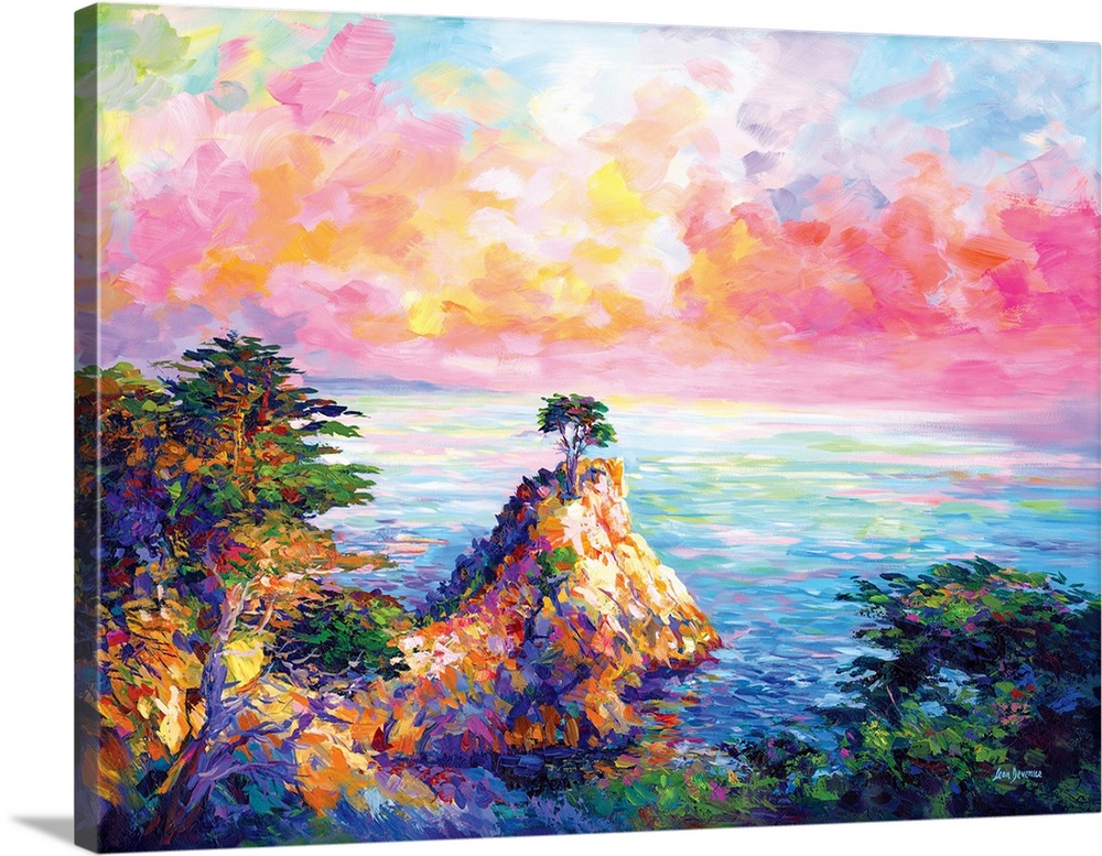 Vibrant and colorful contemporary painting of the Lone Cypress in Pebble Beach, California.