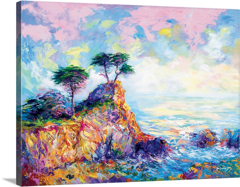 Vibrant and colorful landscape painting of the Lone Cypress in Pebble beach, California.