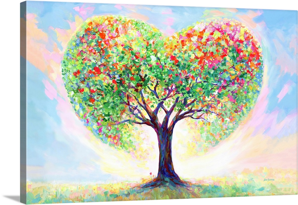 A vibrant artwork of a heart-shaped tree blooming with colorful leaves, symbolizing love, growth, and beauty in nature.