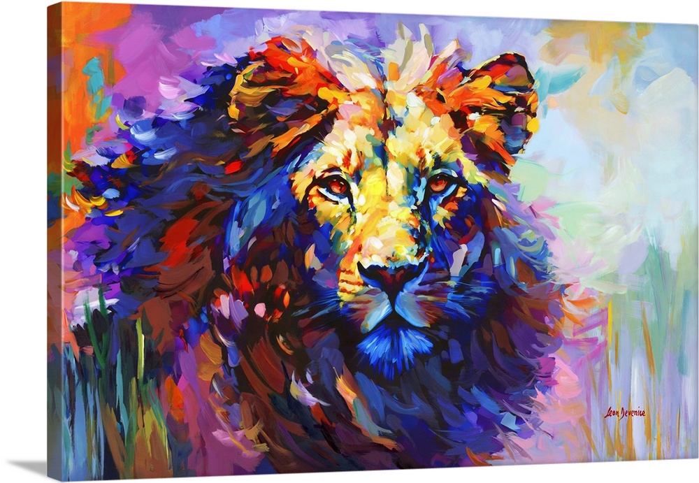This contemporary artwork offers a striking portrayal of a lion, rendered in a spectrum of vivid colors that capture the a...