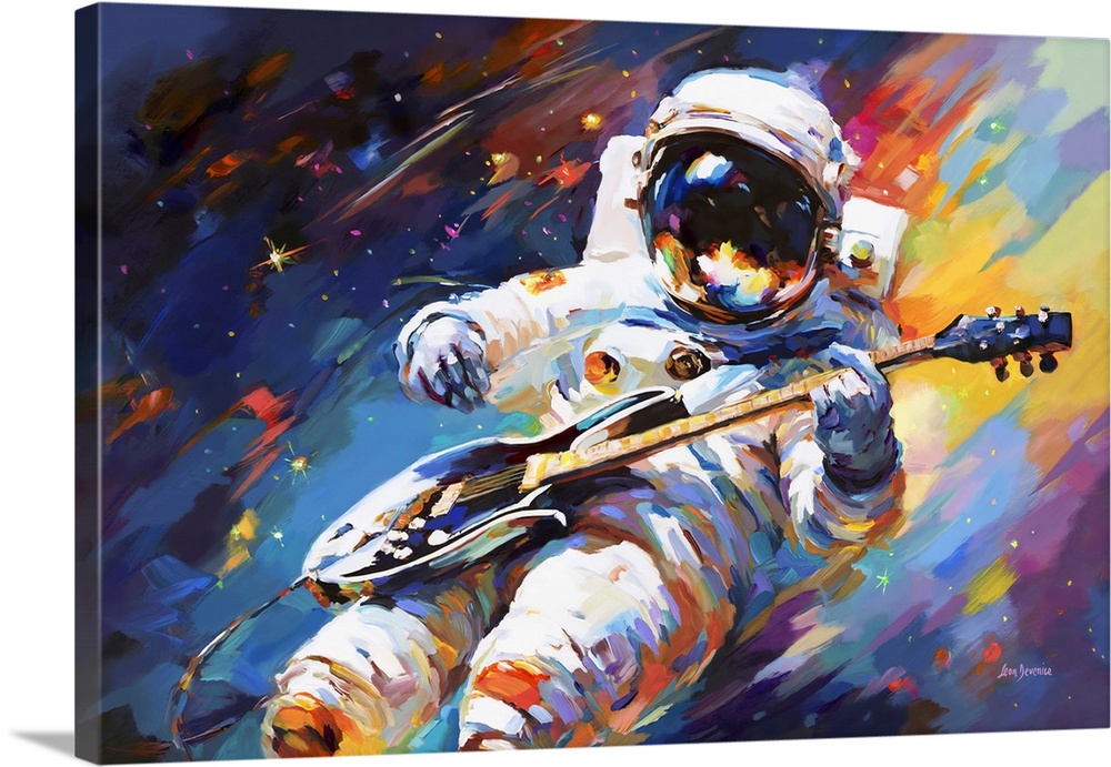 This contemporary artwork captures an astronaut serenely playing an electric guitar in the cosmos, blending the artistry o...