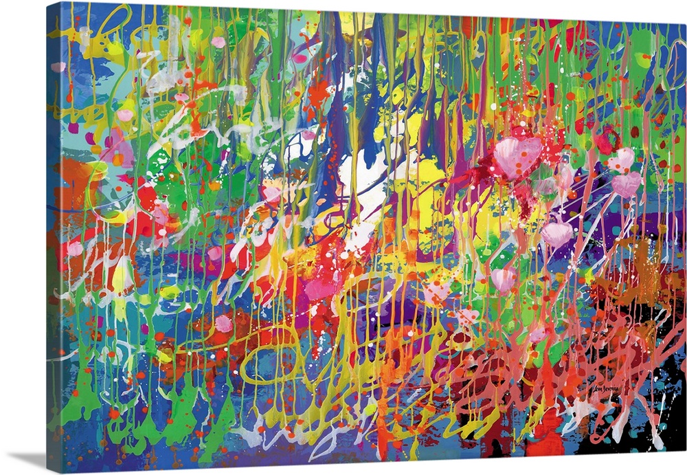 Abstract composition bursting with color, where drips, splatters, and swirling strokes cascade across the canvas in a vibr...