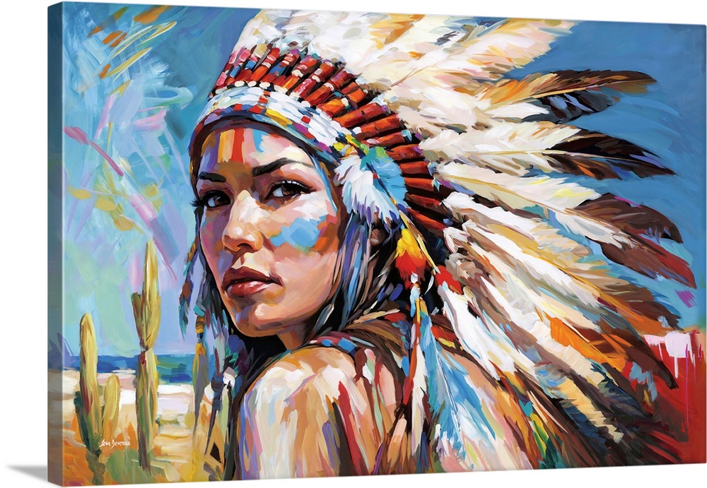 Vibrant portrait of a native american woman in traditional headdress.