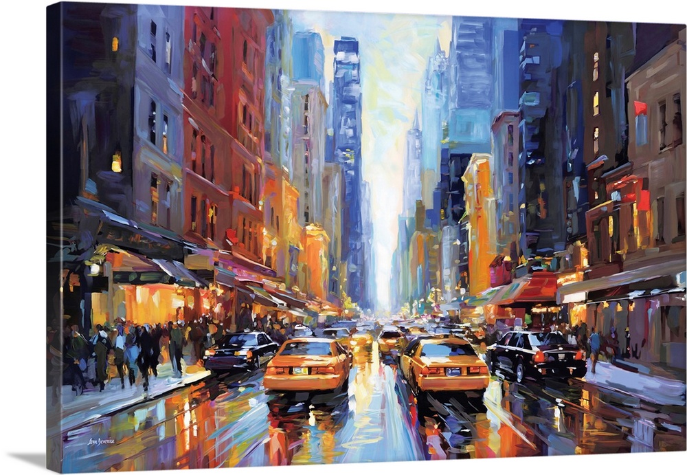 A vivid and energetic depiction of a busy new york city street, featuring iconic yellow taxis and colorful buildings refle...