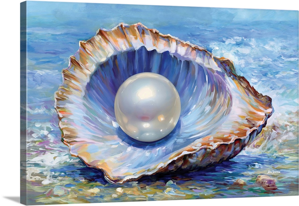 A luminous pearl rests inside an open oyster shell by the edge of the sea. The shell's iridescent tones reflect the colors...