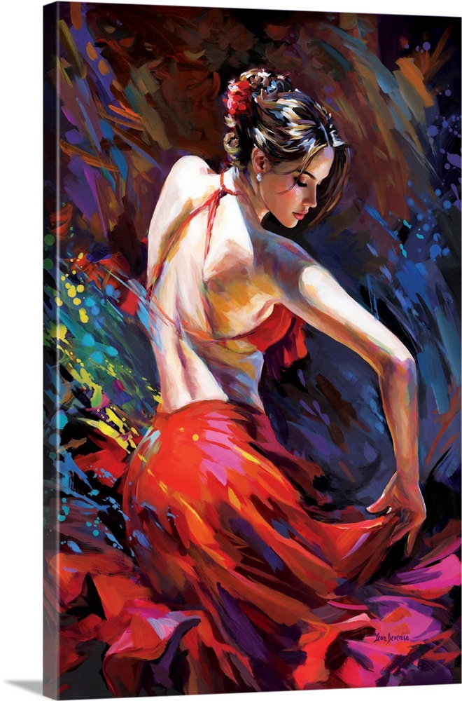 Expressive flamenco dancer in vibrant red dress.