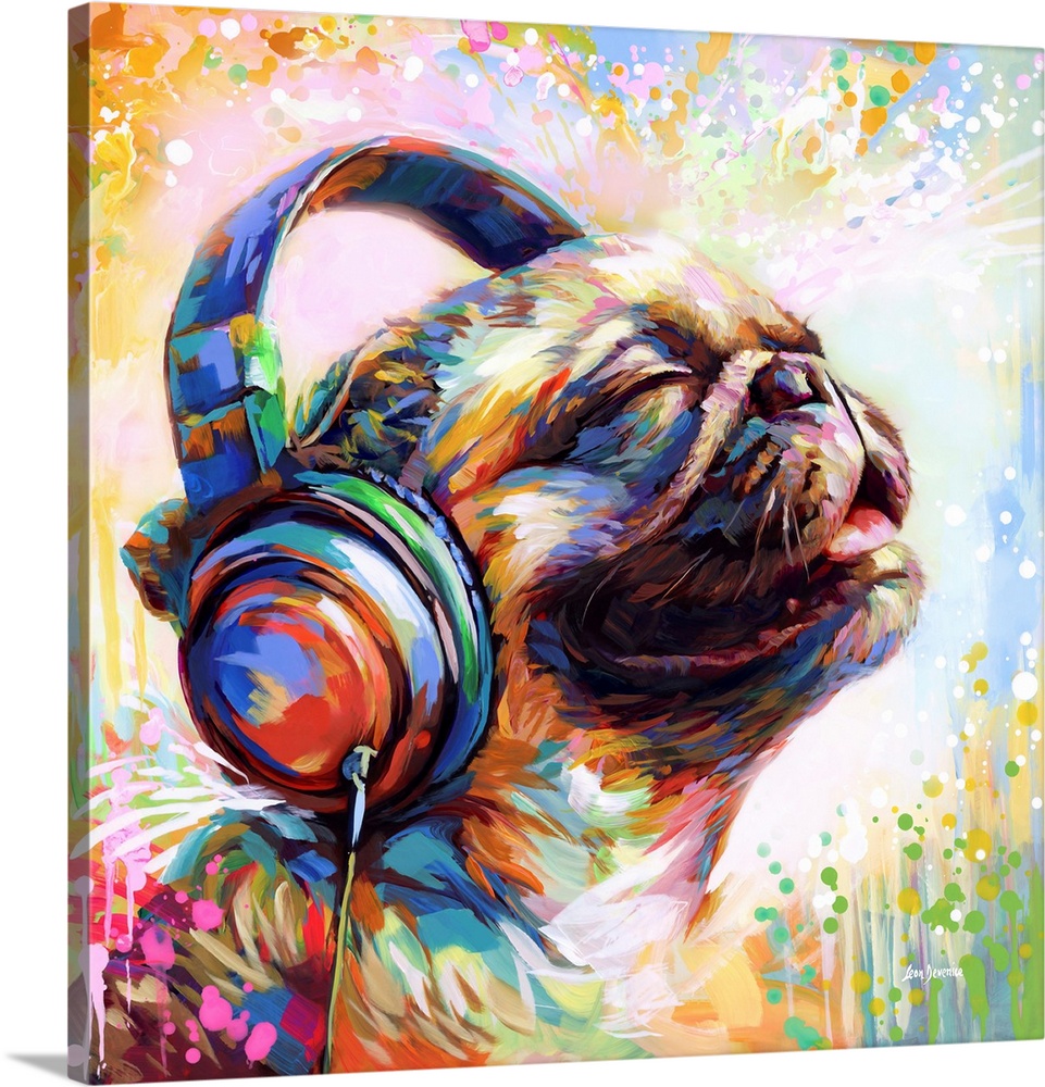 This contemporary artwork showcases a joyful pug enjoying music through headphones, with a medley of vibrant colors highli...