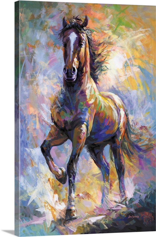 A majestic horse steps forward through a whirlwind of color, its long hair flowing with motion and grace. Bold strokes in ...