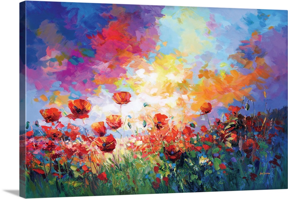 Colorful artwork of a field of red poppy flowers illuminated by the warm colors of the sunset, creating a vibrant and sere...