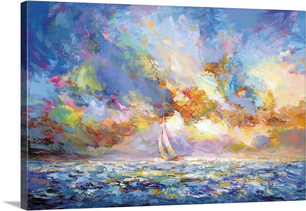 A sailboat moves across a glowing sea beneath a sky bursting with expressive color. Strokes of blue, gold, violet, and cor...