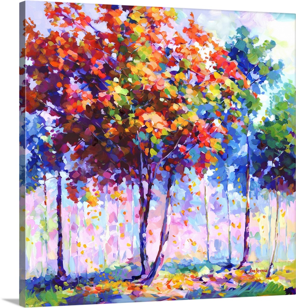 This contemporary landscape portrays a colorful array of trees, each one a harmony of colors, coming together to form a li...