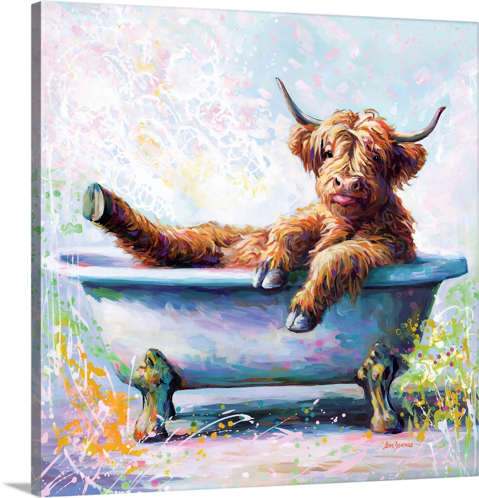 Playful artwork of a baby highland cow relaxing in a vintage clawfoot bathtub.