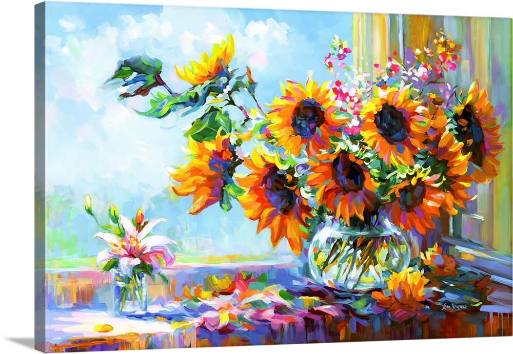 This contemporary still life bursts with the energy of sunflowers in a vase, their fiery petals captured in bold, expressi...