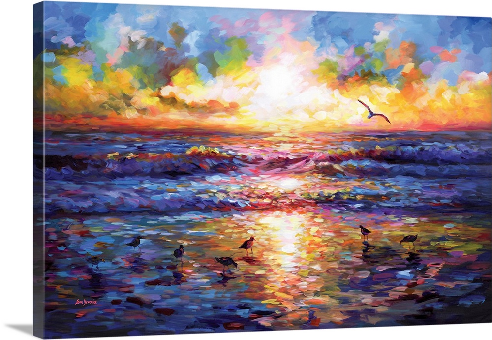 A radiant sunset spreads across the horizon, filling the sky and ocean with glowing shades of gold, pink, and violet. Wave...