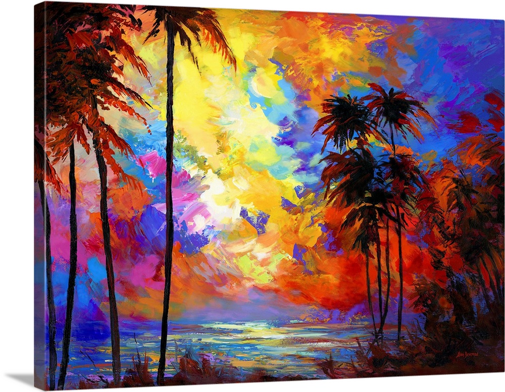 Vibrant and colorful contemporary painting of a sunset beach with tropical palm trees in Maui, Hawaii.