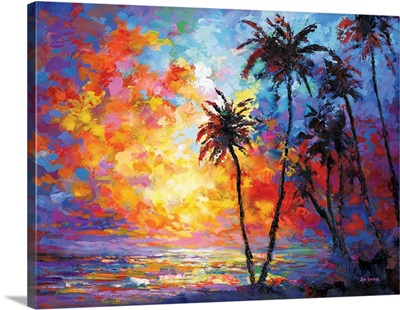Sunset Beach With Tropical Palm Trees In Waikiki, Hawaii