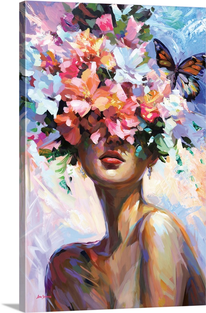 The contemporary artwork portrays a woman with her face covered by vibrant flowers, surrounded by expressive brushstrokes ...