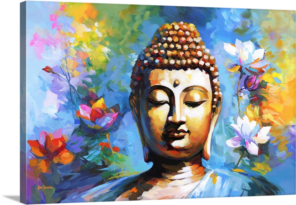 This contemporary artwork captures the serene essence of Buddha, enveloped by the vivid hues of abstract lotus flowers, me...