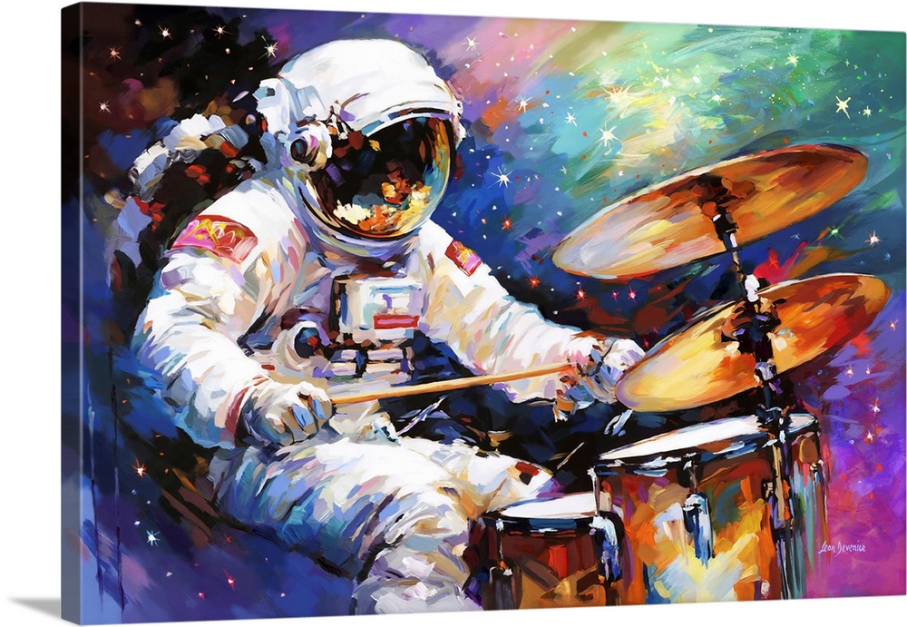 This contemporary artwork depicts an astronaut immersed in the rhythm of drumming, surrounded by a swirl of cosmic energy ...