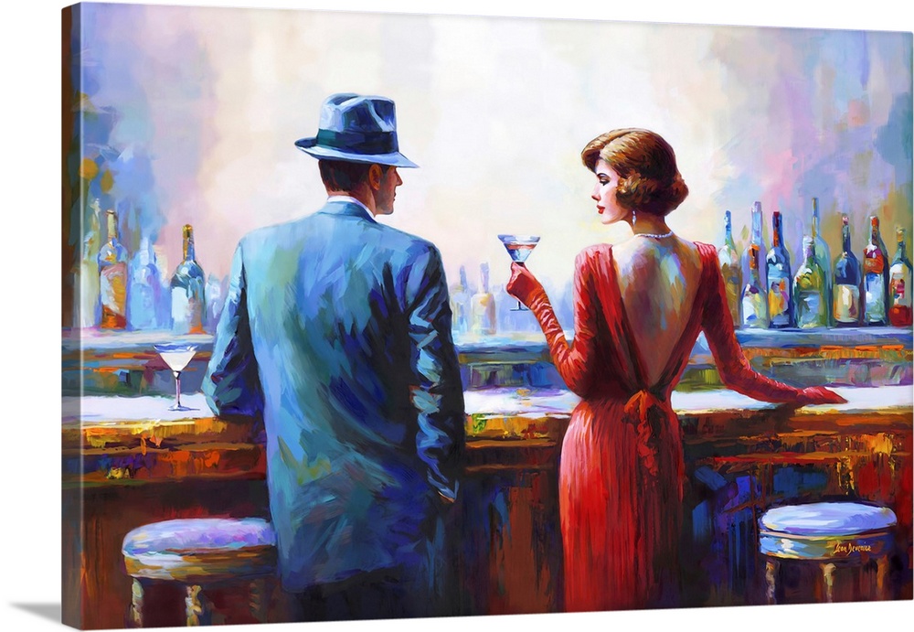 This contemporary artwork offers a glimpse into an intimate moment at a bar, where figures dressed in timeless fashion sha...