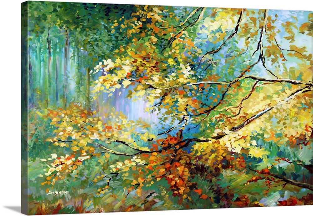 This contemporary landscape bursts with the life of a forest in full autumnal glory. The golden hues of the leaves are cap...