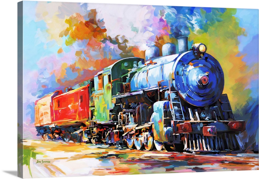 This vibrant artwork captures a steam locomotive train in full motion, billowing clouds of smoke into the colorful sky. Th...