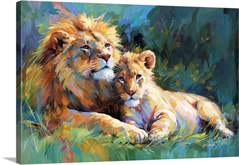 A lion and its cub resting together, surrounded by vibrant colors that emphasize their bond and strength.